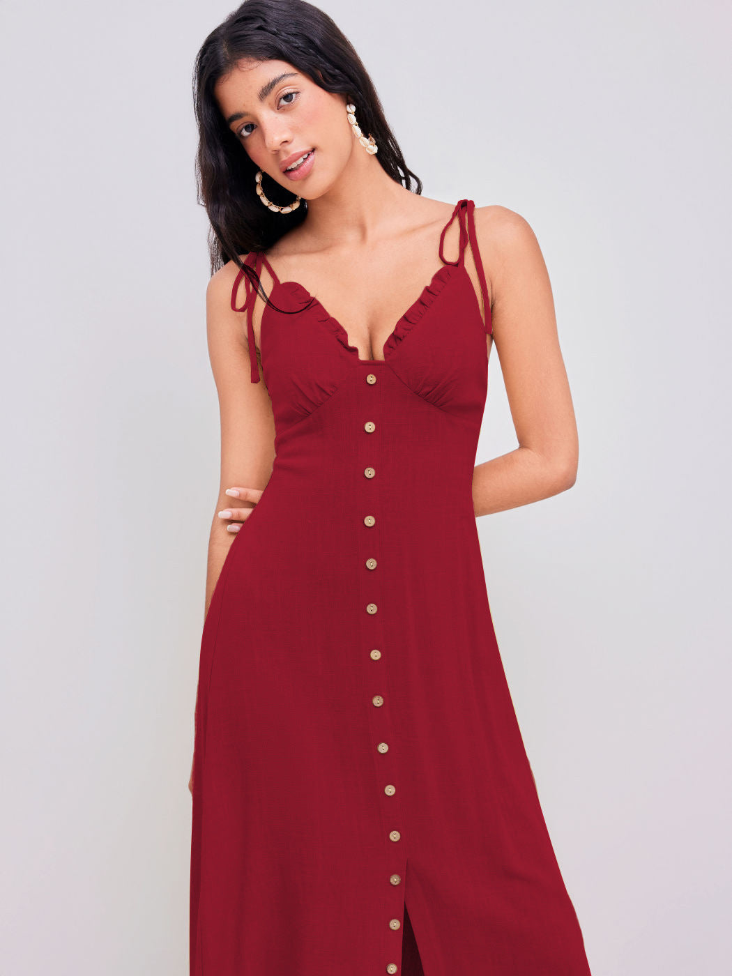 Lässig elegantes rotes Maxikleid mit Knöpfen