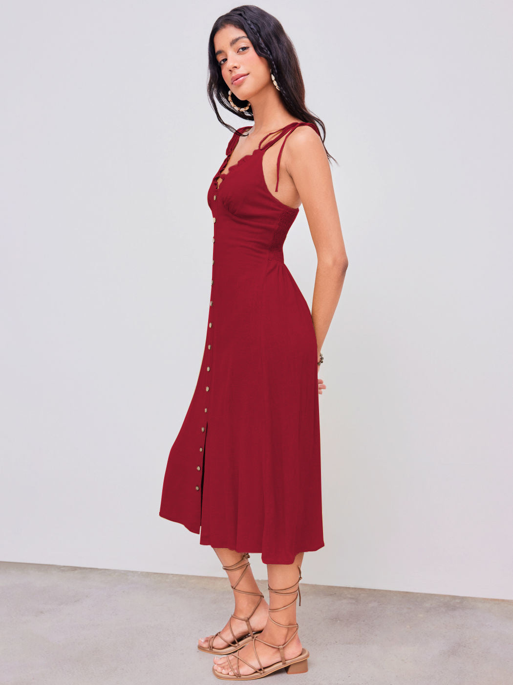 Lässig elegantes rotes Maxikleid mit Knöpfen