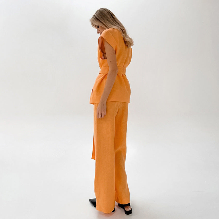 Ärmelloses Set aus Hemd und Hose mit Schnürung in Orange