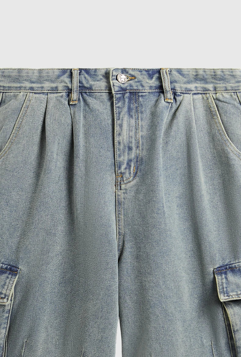 Gewaschene Cargo Jeans mit weitem Bein Shorts