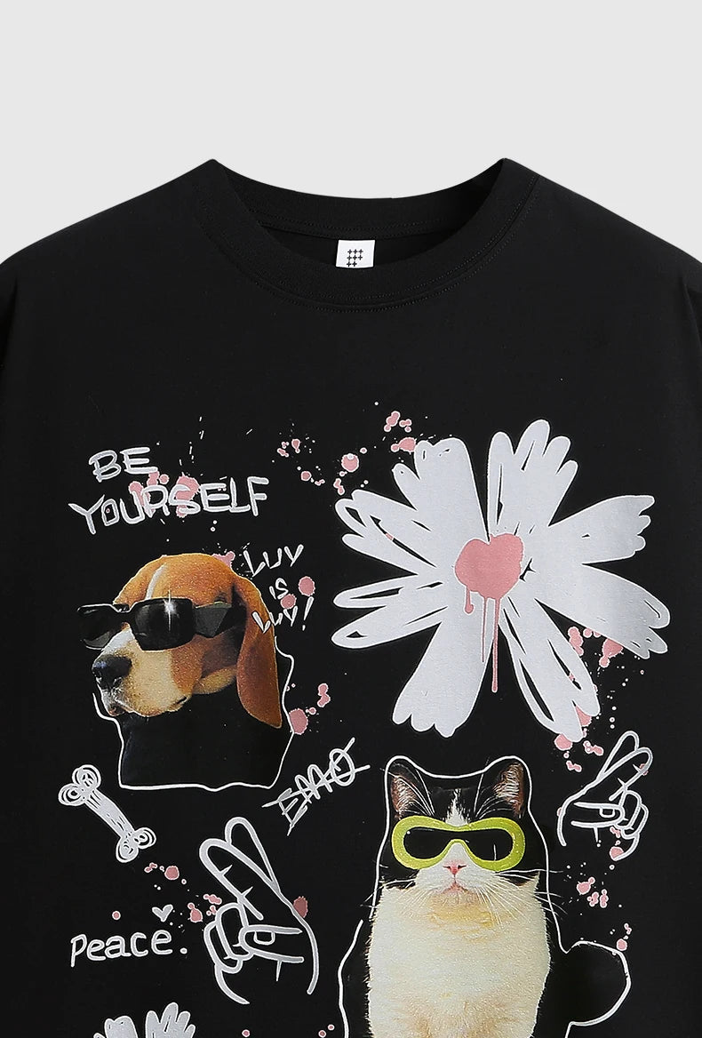 T-Shirt mit Graffiti Katzen Hund Aufdruck