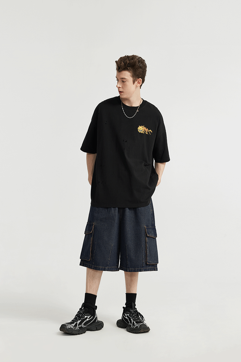 Gewaschene Cargo Jeansshorts mit weitem Bein