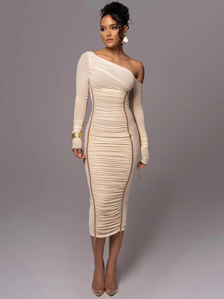 Figurbetontes Maxikleid Mit Netzdetail In Beige