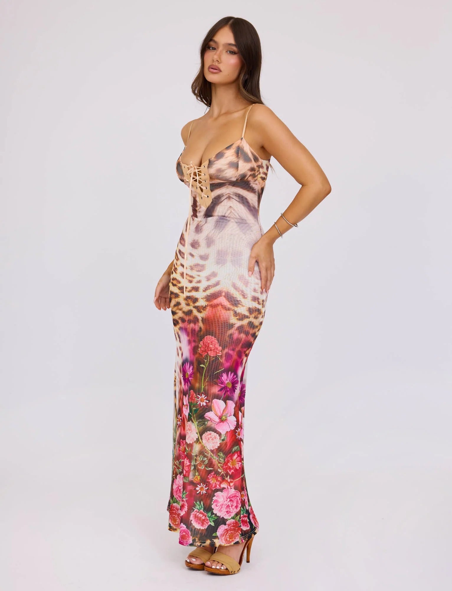 Maxikleid mit Blumen-Leopardenmuster und Schleife zum Binden