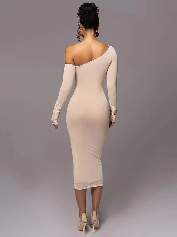 Figurbetontes Maxikleid Mit Netzdetail In Beige