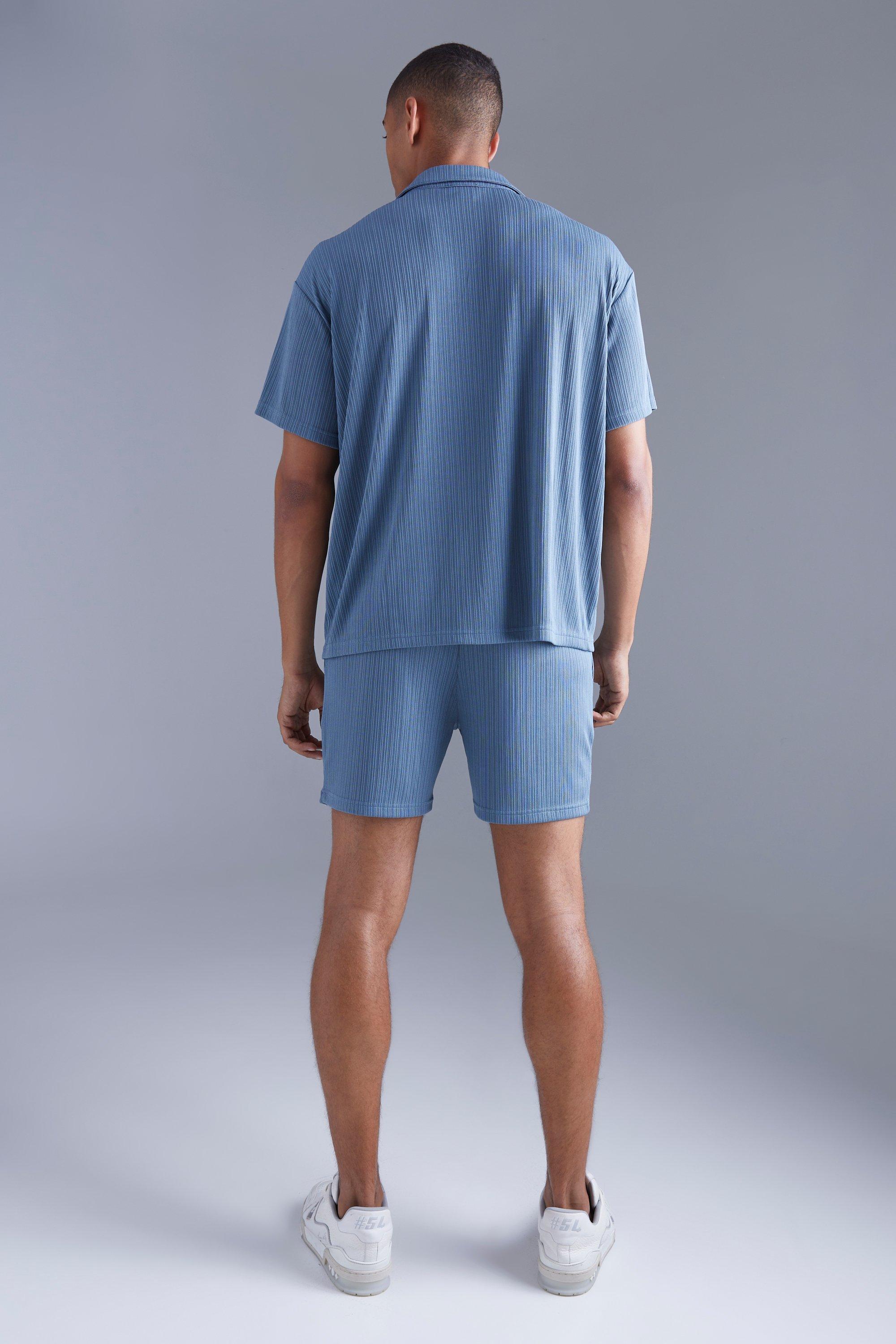 Strukturiertes blaues T-Shirt und Shorts Set