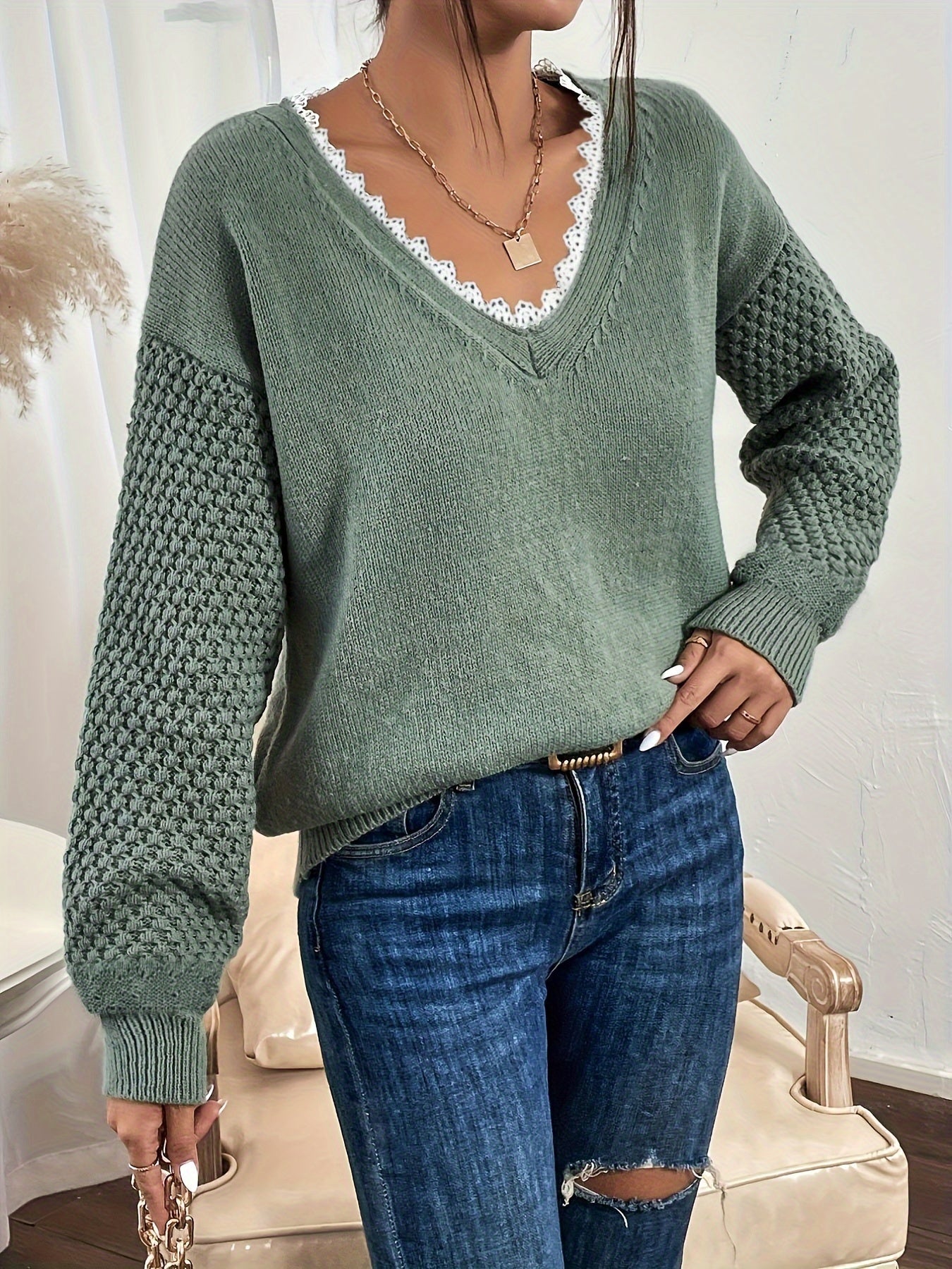 Lace V-Ausschnitt Pullover