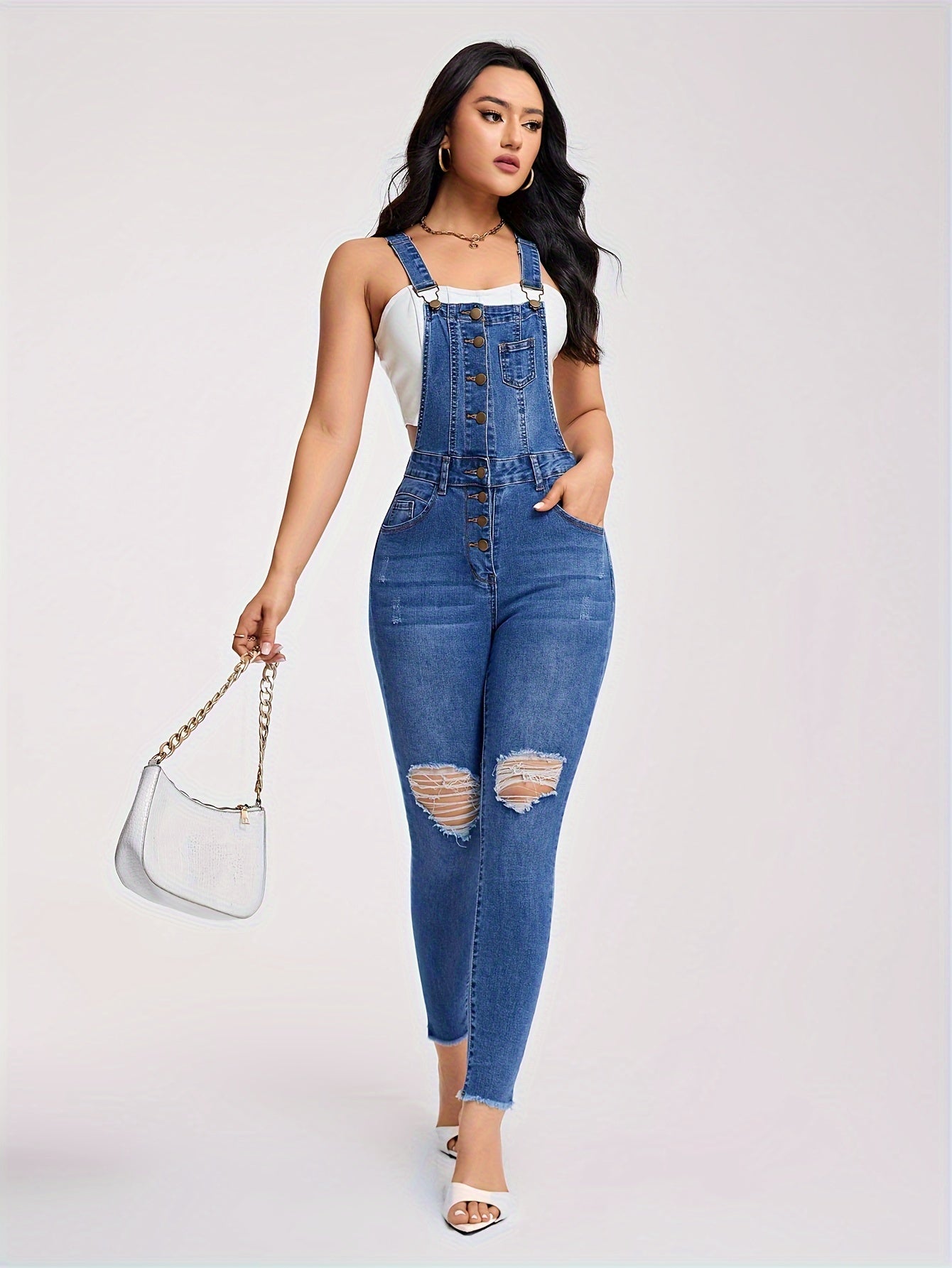 Zerrissene Jeans Overalls Mit Halben Knöpfen