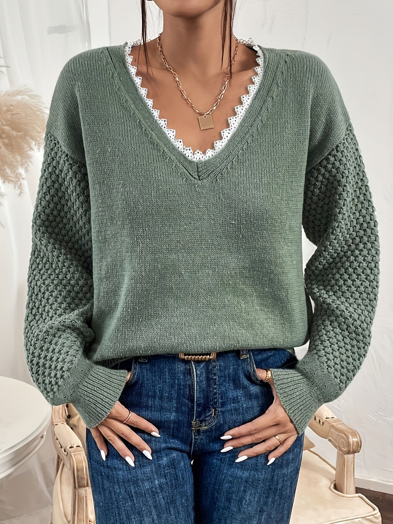 Lace V-Ausschnitt Pullover