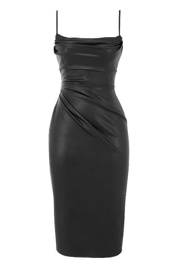 Schwarzes Korsett Midikleid aus veganem Leder