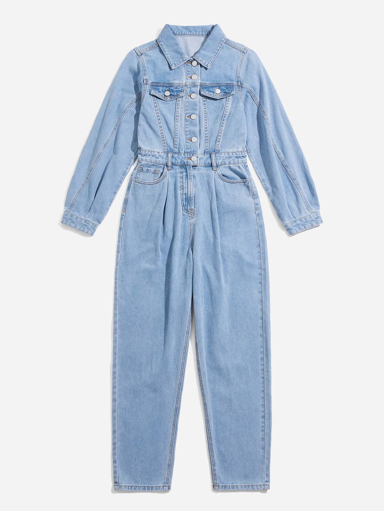 Blues Jumpsuit mit Pattentasche mit Knopf vorne Denim