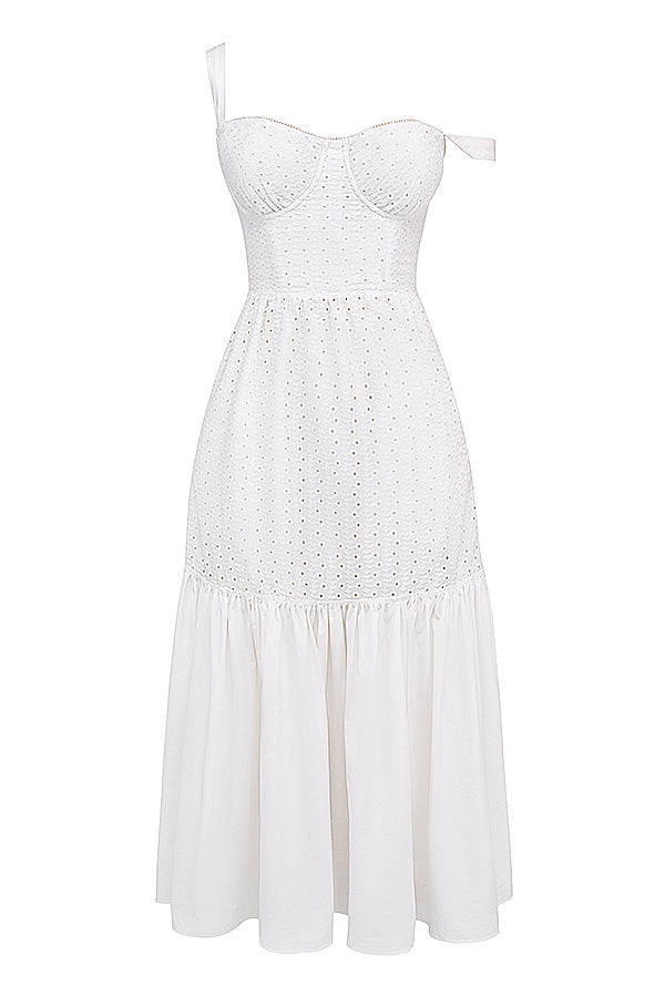 Weißes Broderie Anglaise Midi Sonnenkleid