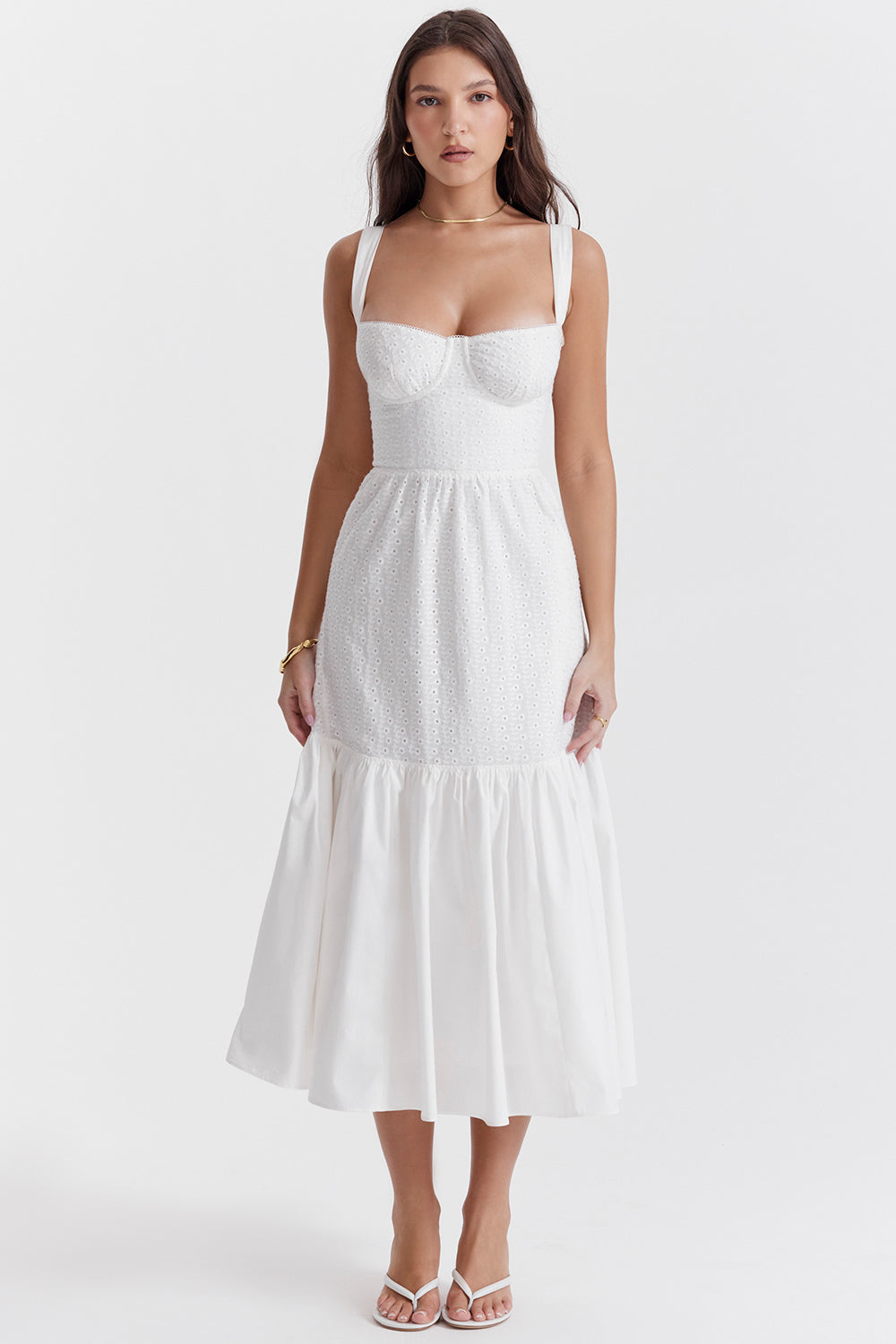 Weißes Broderie Anglaise Midi Sonnenkleid