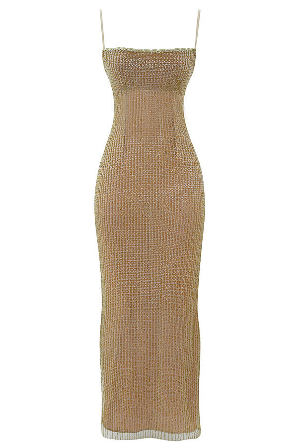 Maxikleid mit Café au lait Perlen