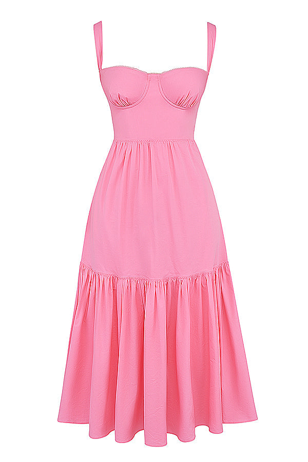 Französisches rosa Midi Sommerkleid