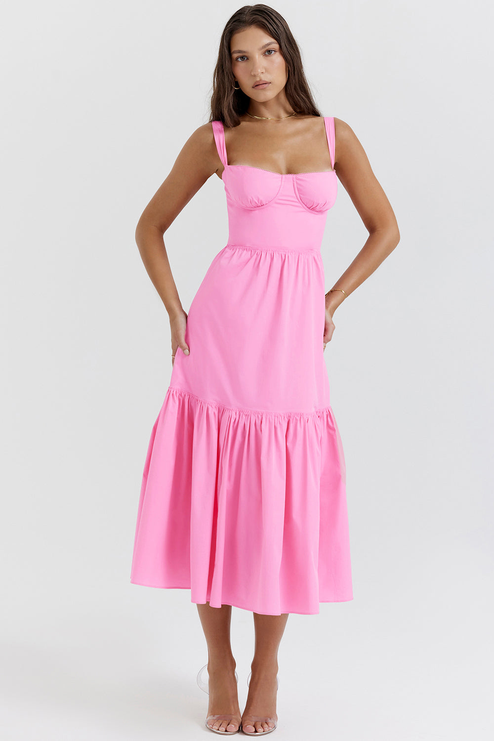 Französisches rosa Midi Sommerkleid