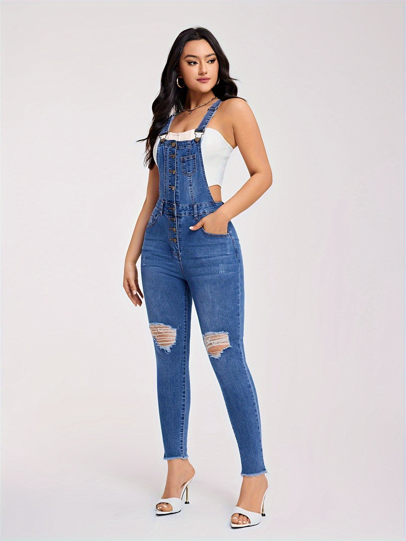 Zerrissene Jeans Overalls Mit Halben Knöpfen