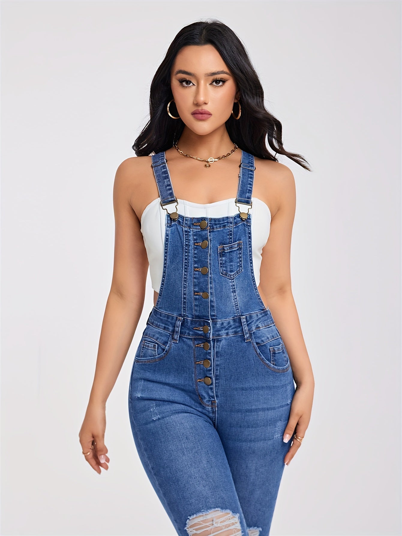 Zerrissene Jeans Overalls Mit Halben Knöpfen