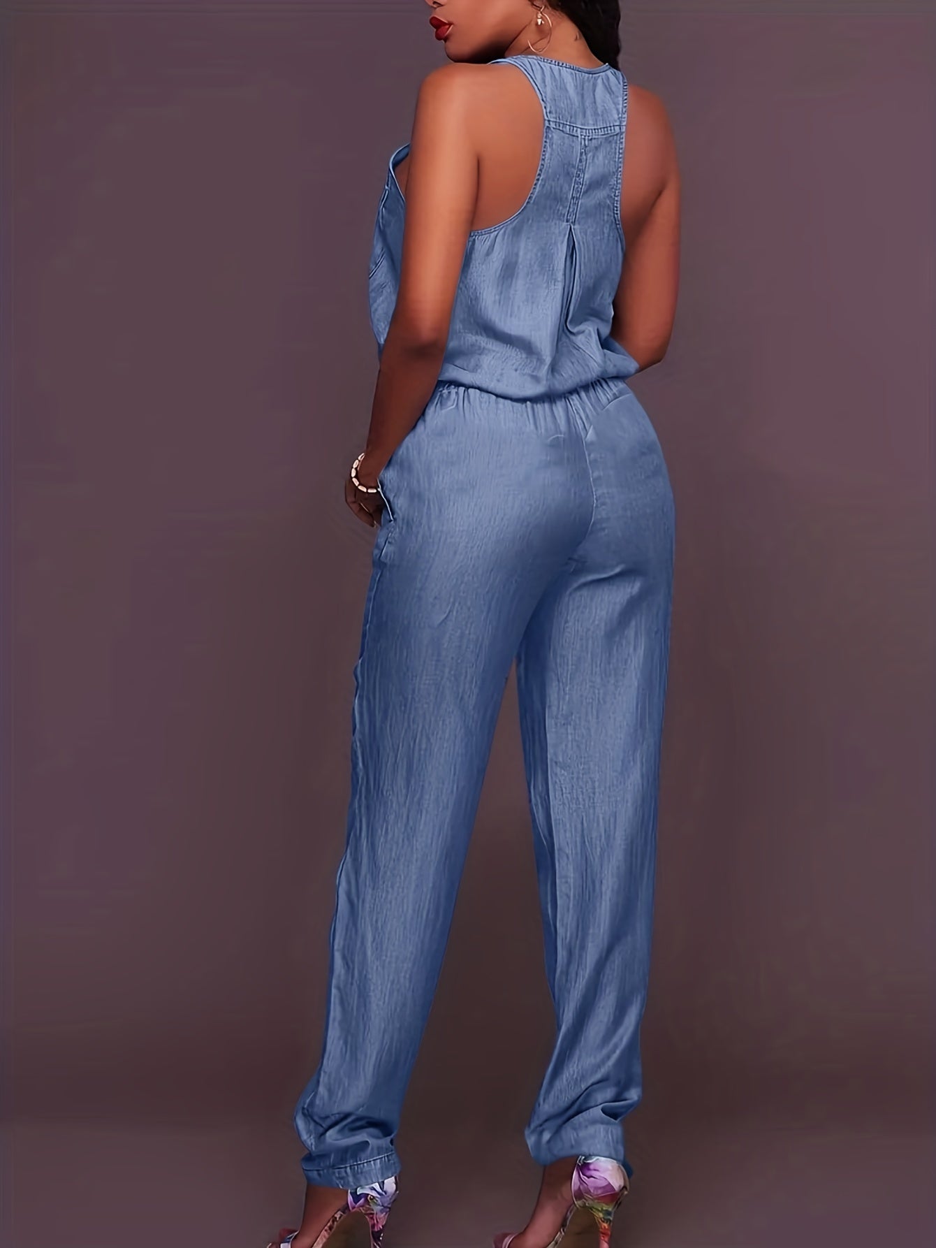 Denim Jumpsuit mit Reißverschluss vorne und Taillenband