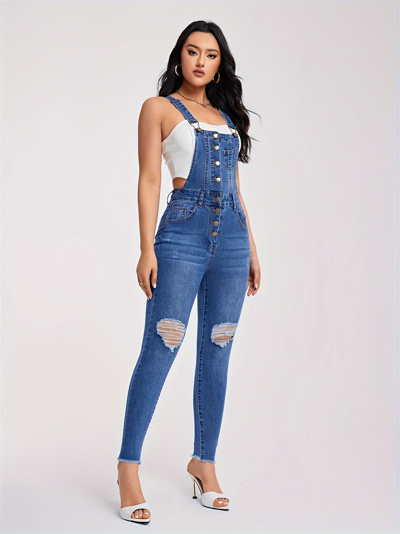 Zerrissene Jeans Overalls Mit Halben Knöpfen