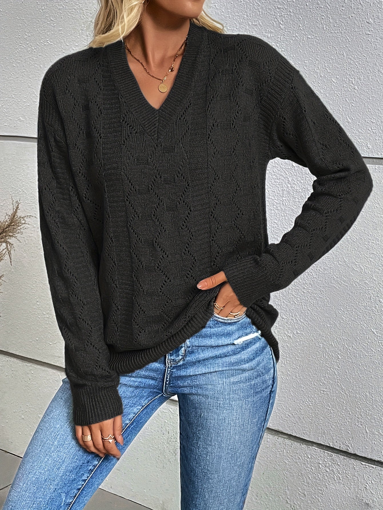 Eyelet V-Ausschnitt Pullover Pullover