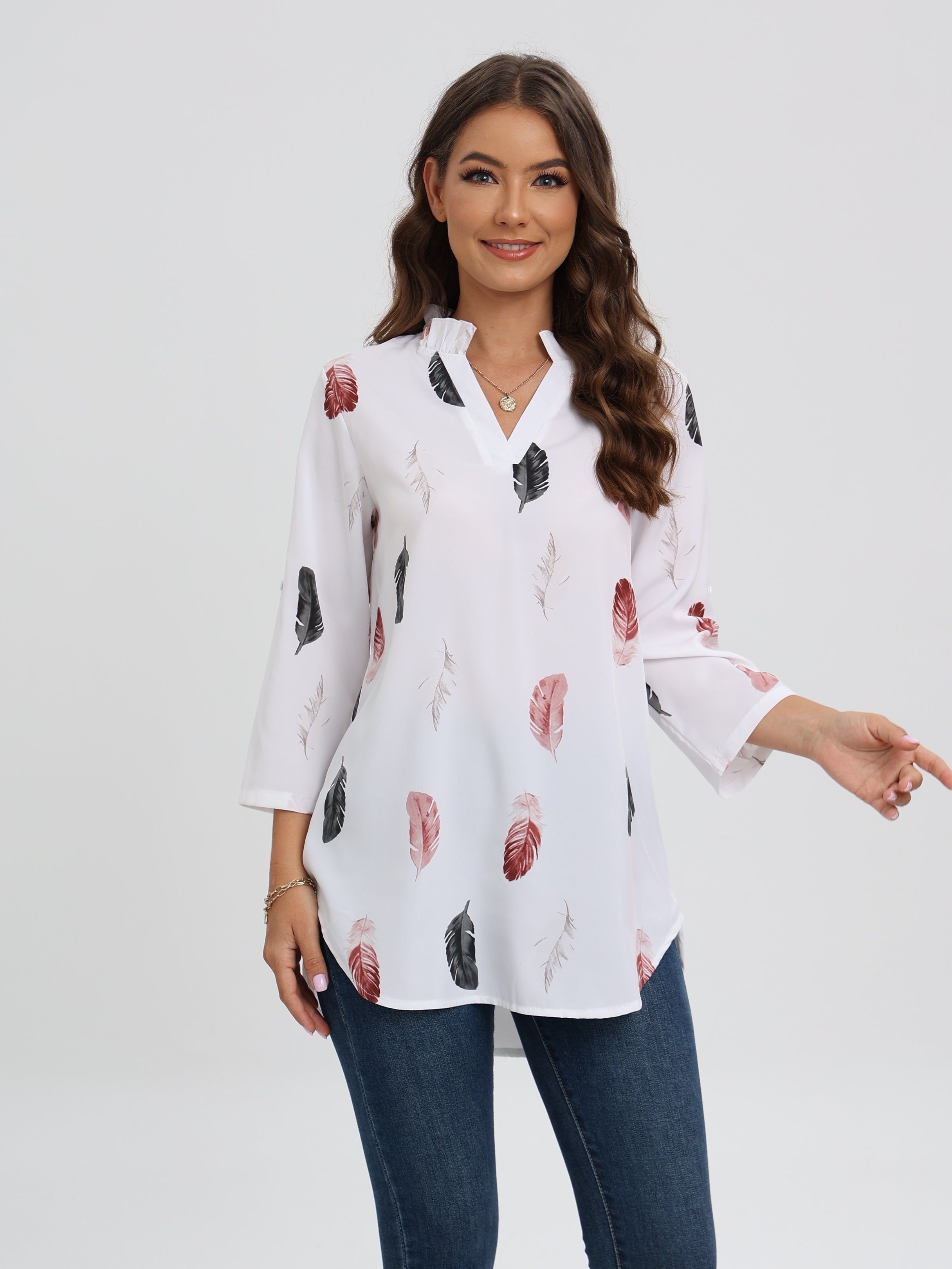 Bluse Mit Gekerbtem Halsausschnitt Und Federdruck