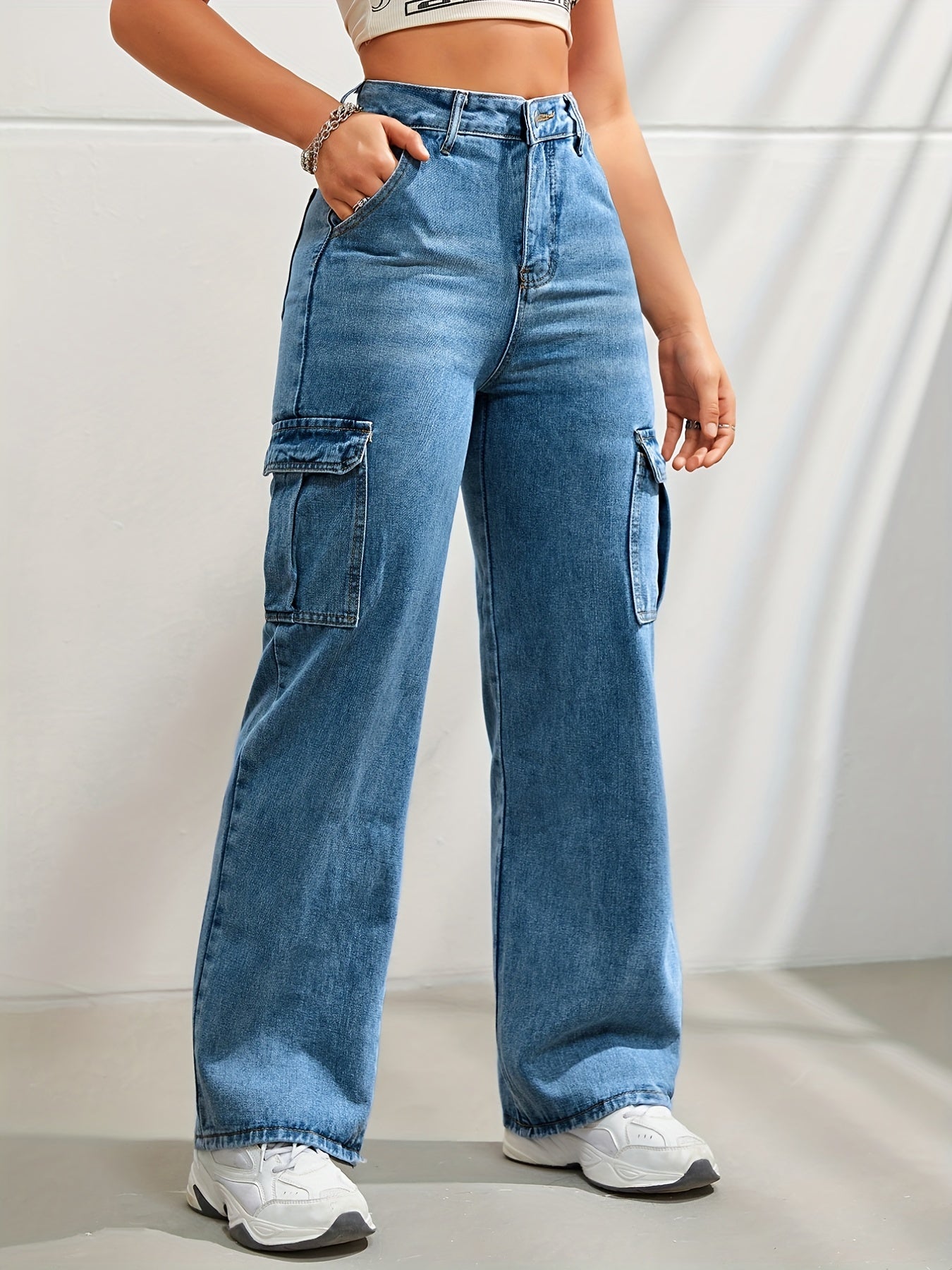 Denim Cargohose mit hoher Taille