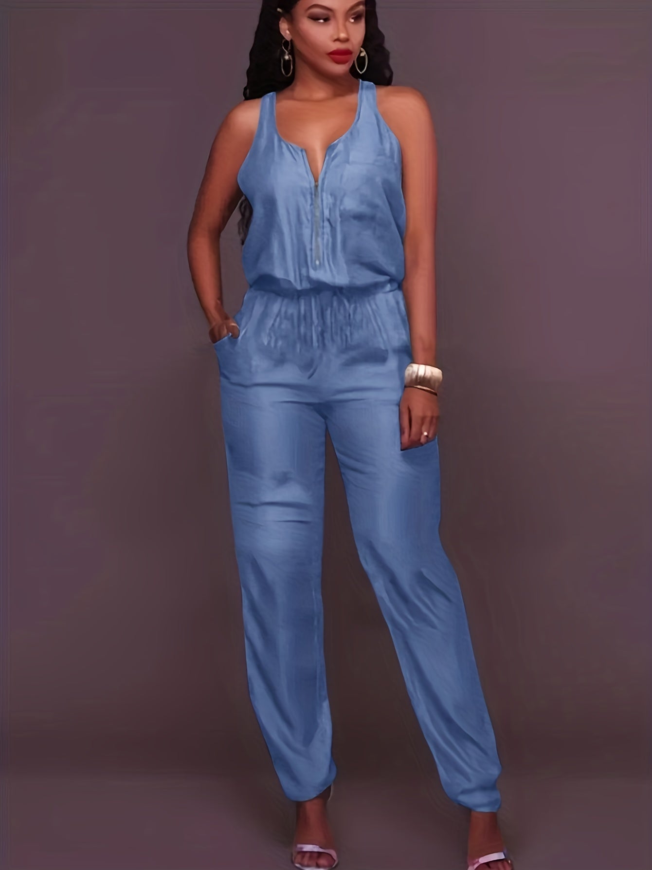 Denim Jumpsuit mit Reißverschluss vorne und Taillenband