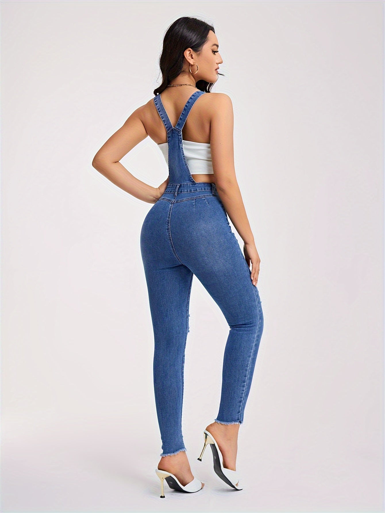 Zerrissene Jeans Overalls Mit Halben Knöpfen