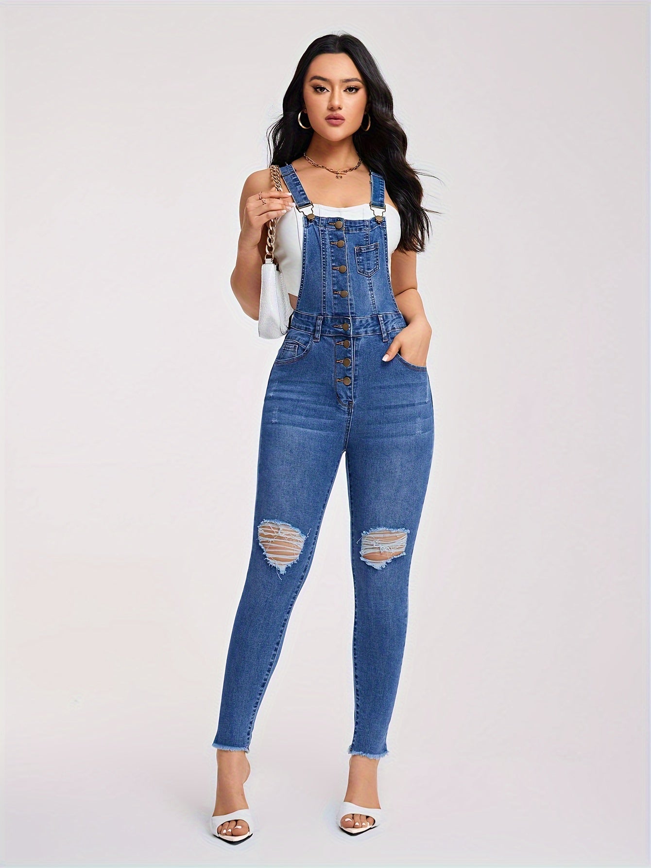 Zerrissene Jeans Overalls Mit Halben Knöpfen