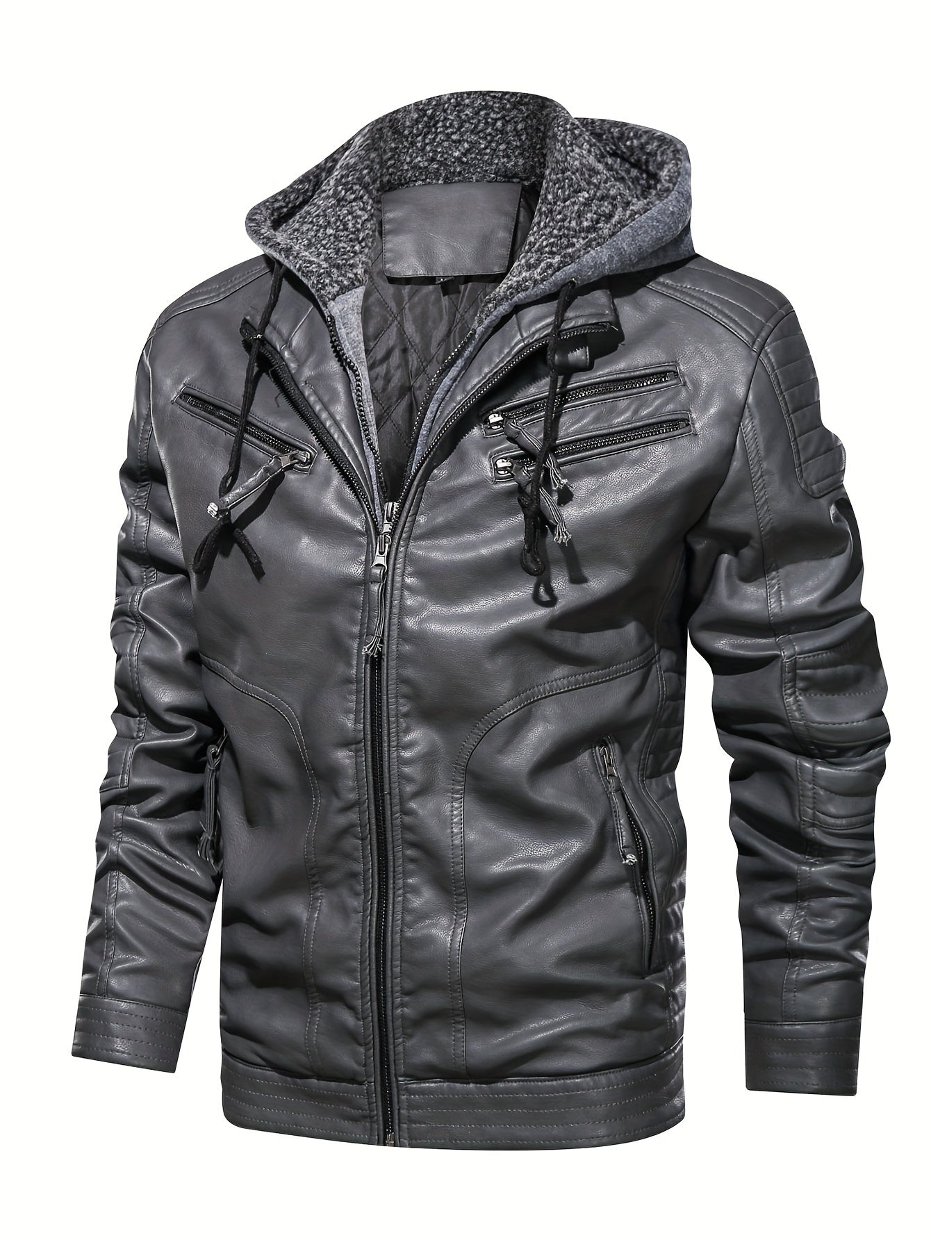 Graue Biker Kapuzenjacke aus Leder