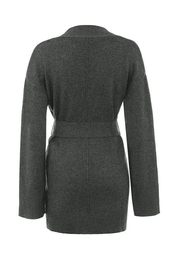 Anthrazitfarbener Cardigan aus Kaschmirmischung mit Gürtel Bralette und Hose