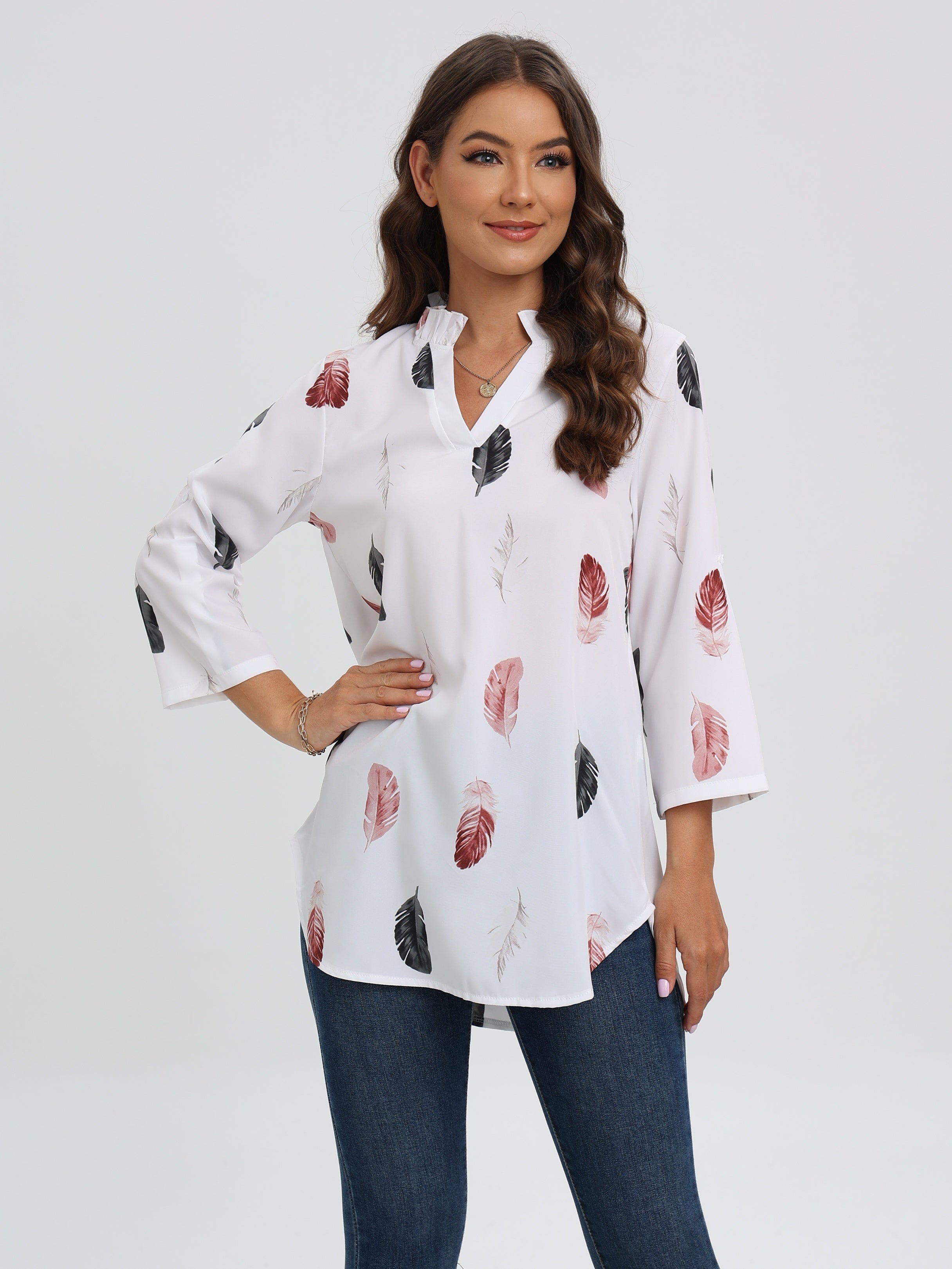 Bluse Mit Gekerbtem Halsausschnitt Und Federdruck