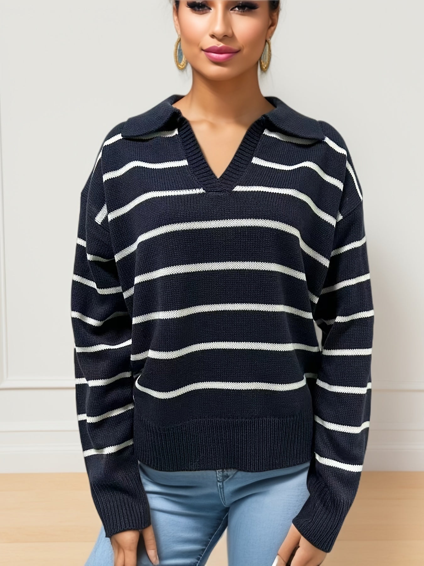 Gestreifter Print Drop Shoulder Strickpullover