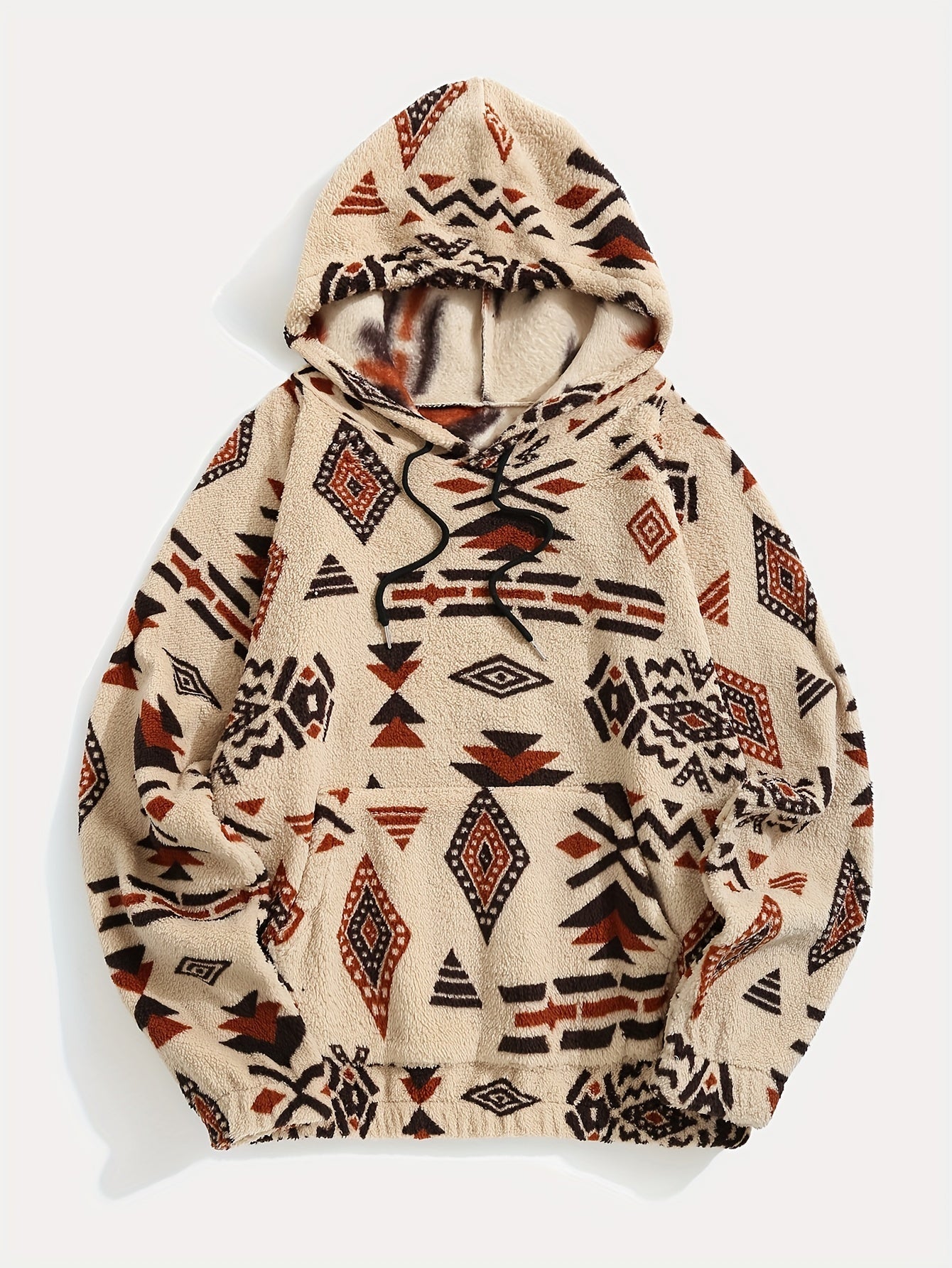 Flauschiger Kapuzenpullover mit Kordelzug im Ethno Azteken Print