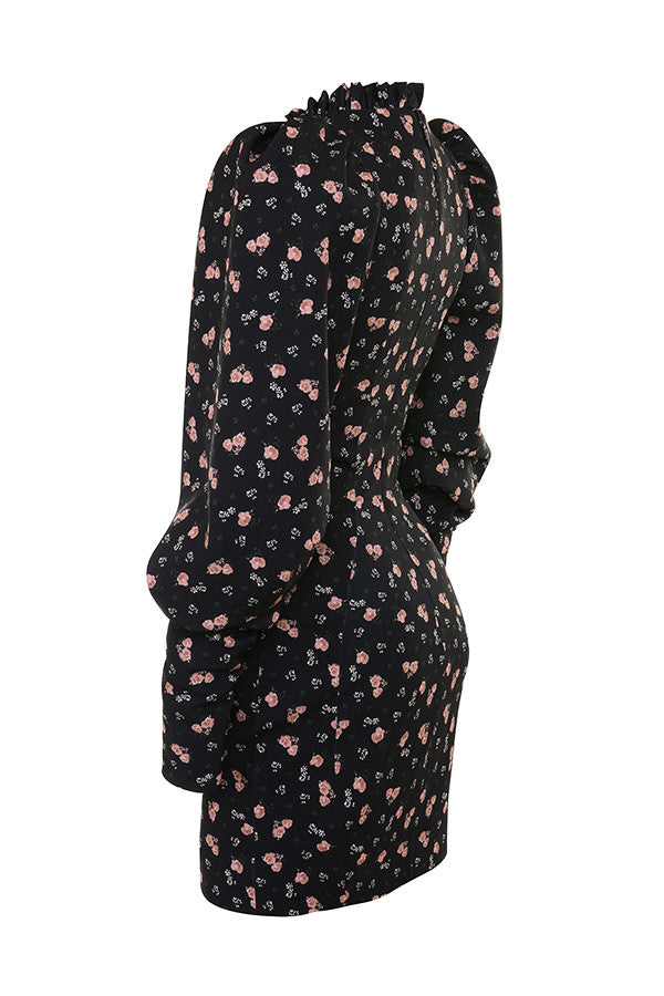 Schwarzes Minikleid mit Puffärmeln und Blumen