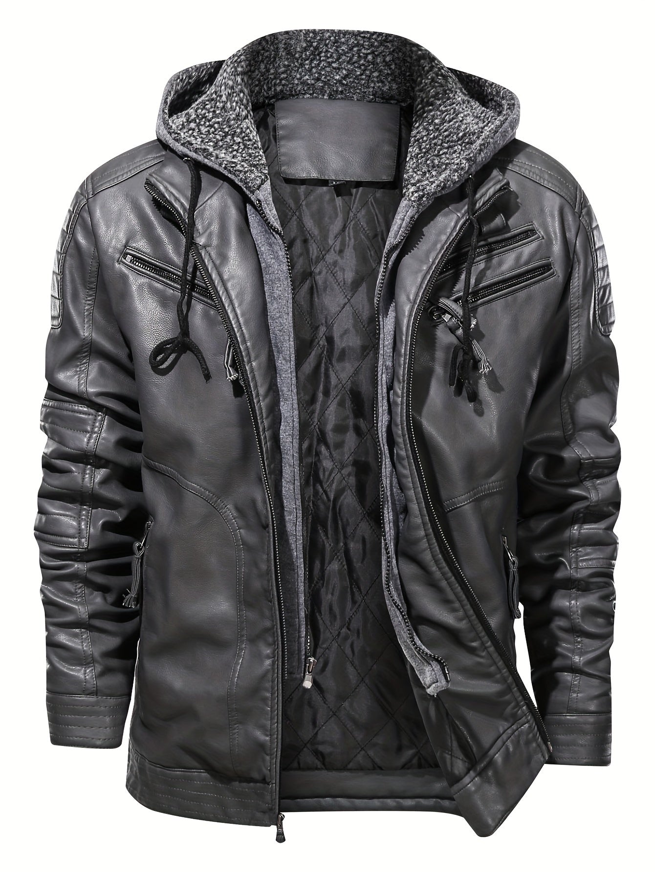 Graue Biker Kapuzenjacke aus Leder