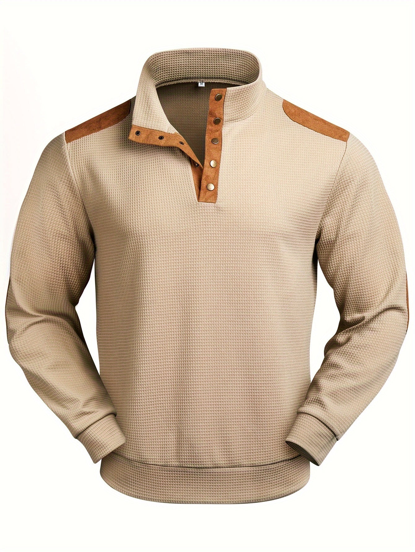 Henley Hemd in Beige mit langen Ärmeln und Stehkragen