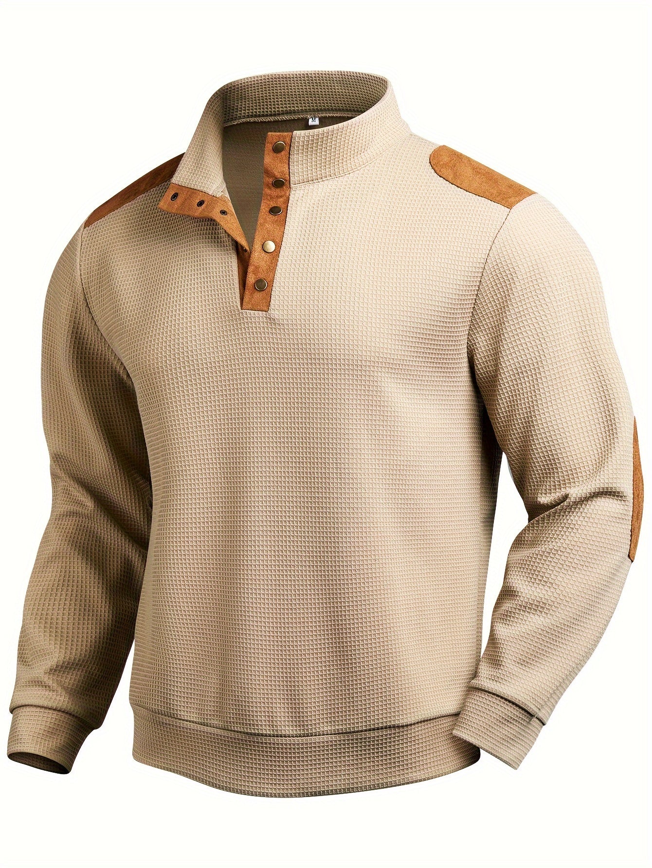 Henley Hemd in Beige mit langen Ärmeln und Stehkragen