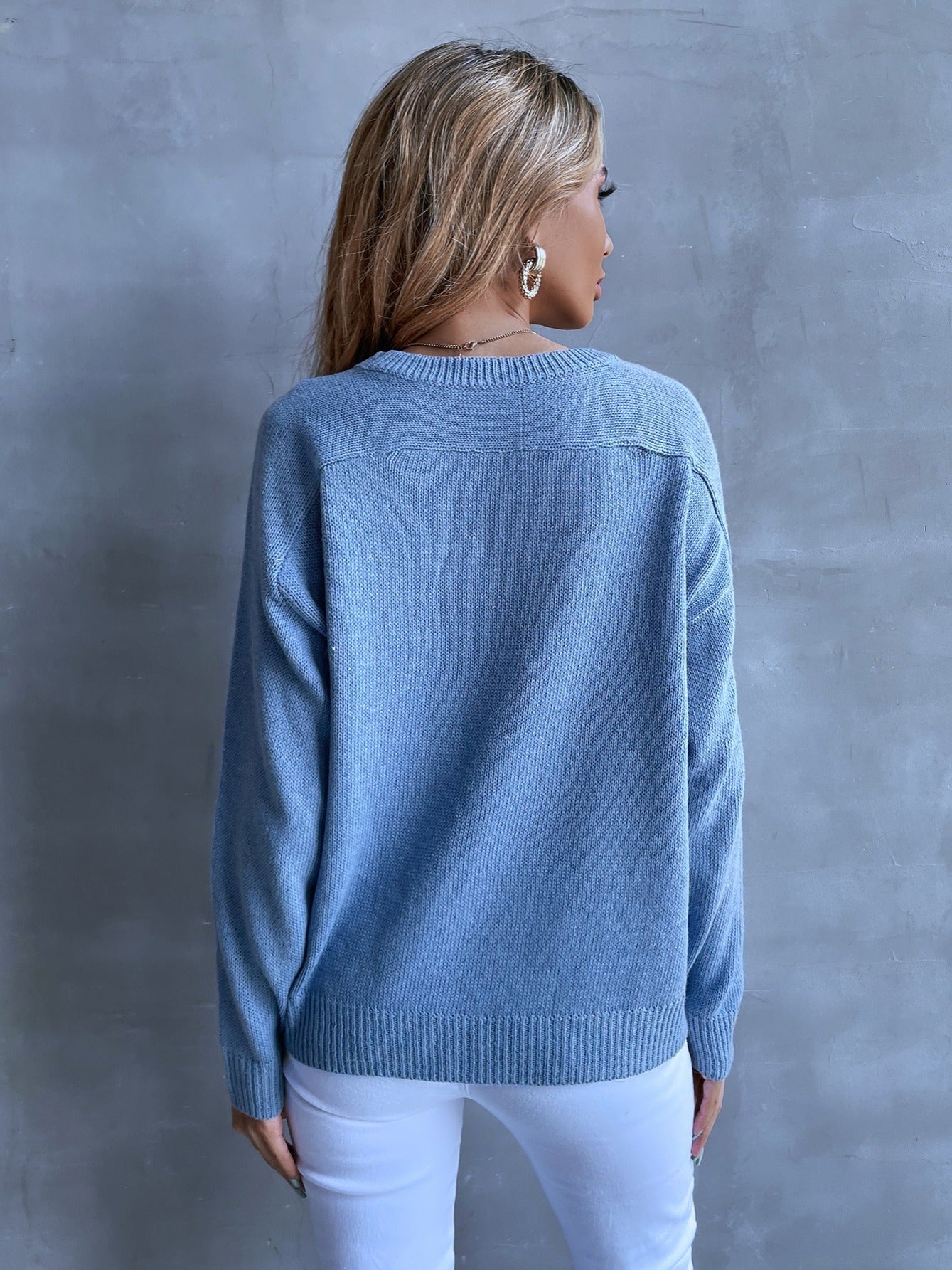 Damenpullover Lässiger blauer Raglanpullover mit Rundhalsausschnitt