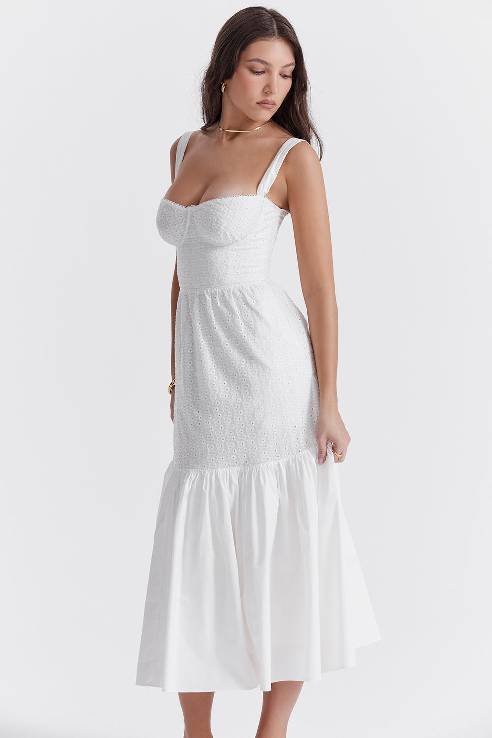 Weißes Broderie Anglaise Midi Sonnenkleid