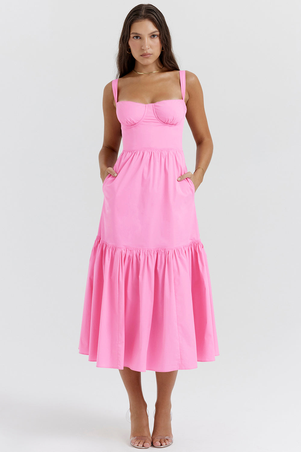 Französisches rosa Midi Sommerkleid