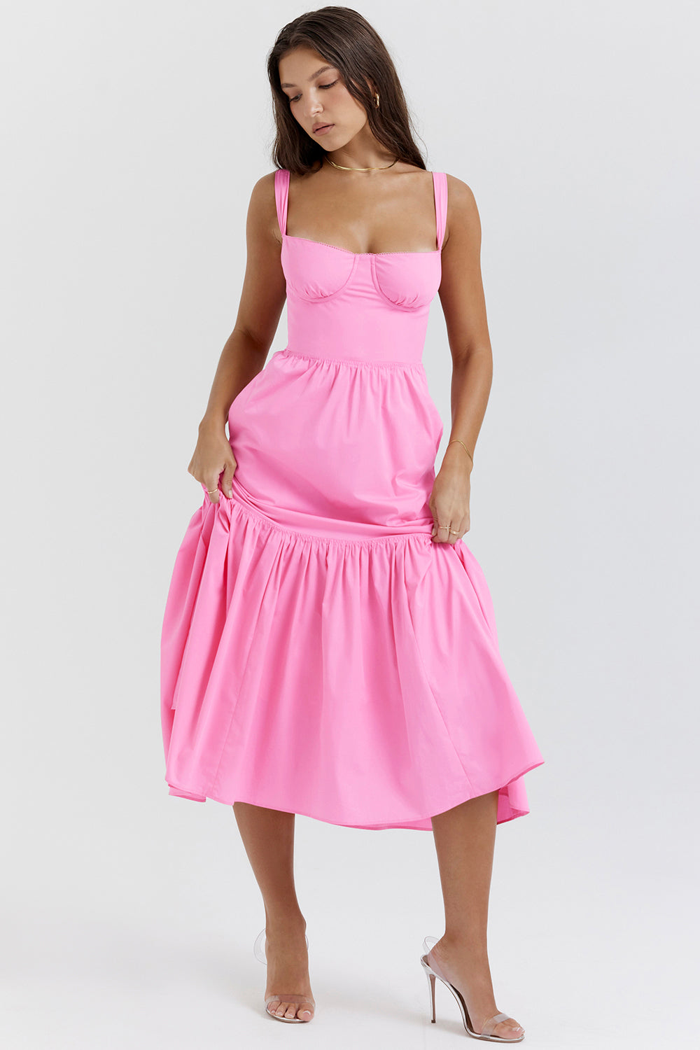 Französisches rosa Midi Sommerkleid