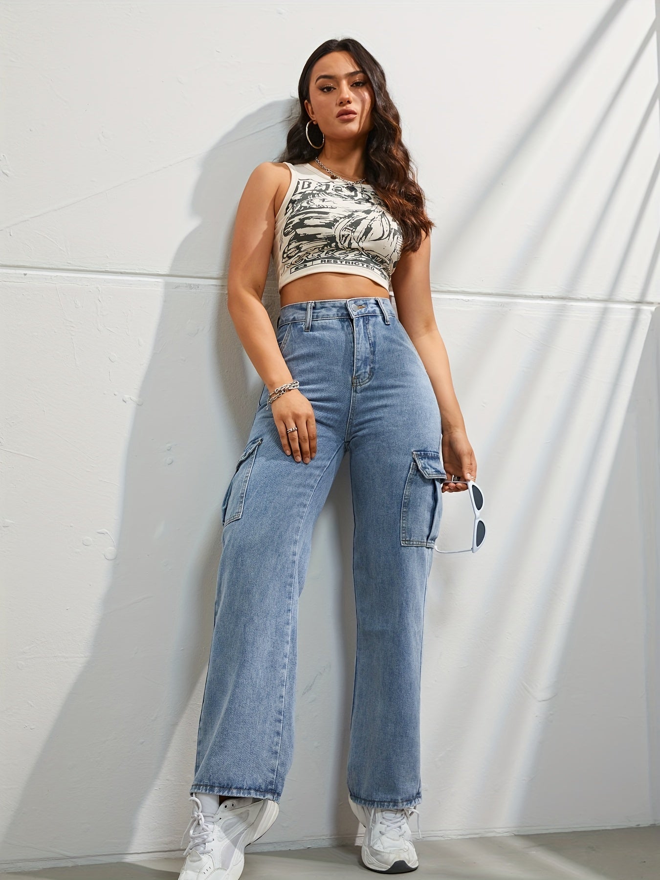 Denim Cargohose mit hoher Taille