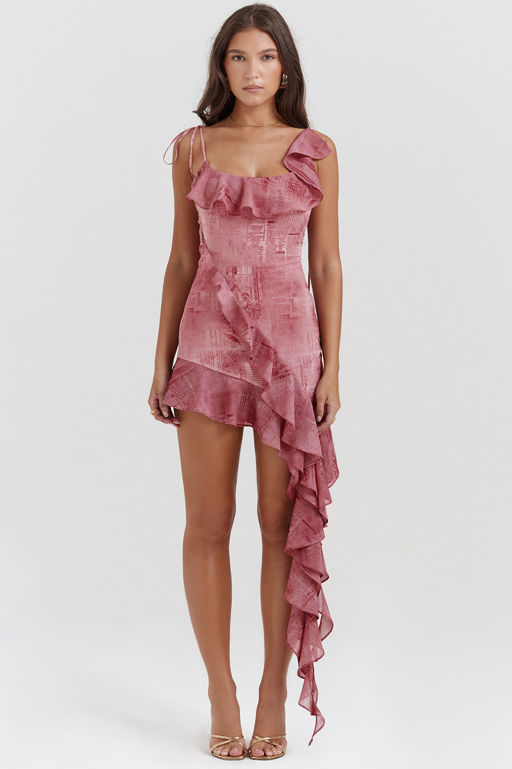 Minikleid mit rosa Aufdruck und Rüschen