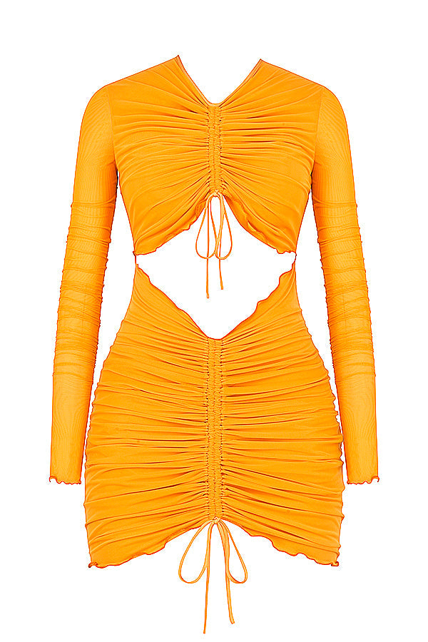 Orangefarbenes Minikleid aus Mesh mit langen Ärmeln und Rüschenausschnitt