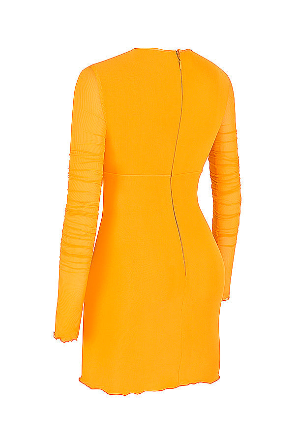 Orangefarbenes Minikleid aus Mesh mit langen Ärmeln und Rüschenausschnitt