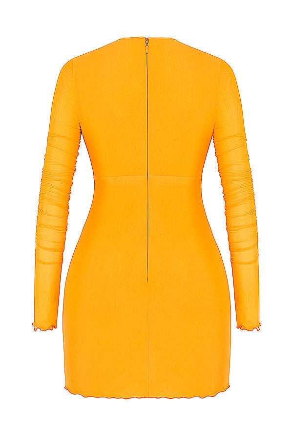 Orangefarbenes Minikleid aus Mesh mit langen Ärmeln und Rüschenausschnitt