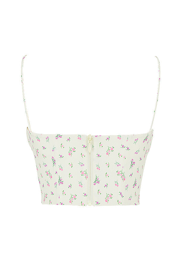 Zitronenfarbenes Bustier Oberteil mit Blumenmuster und Falten