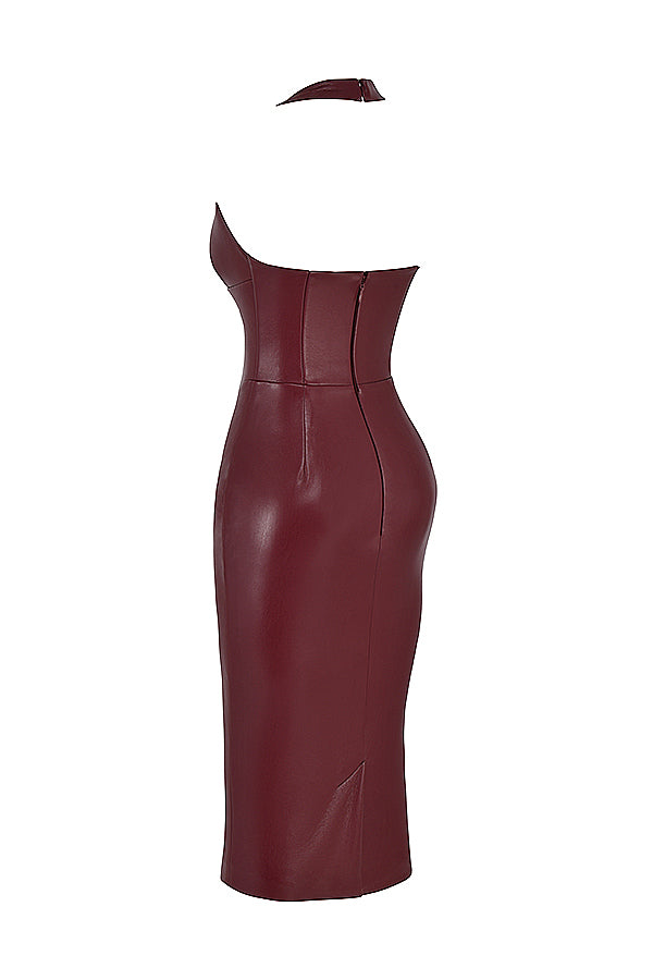 Weinrotes Midikleid aus veganem Leder